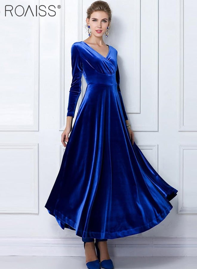 roaiss Women's V Neck Velvet Dress Elegant Elastic Skirt Dress Fashion Long Sleeve Fishtail Dress