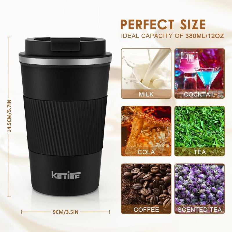 KETIEE كوب سفر كيتى 12 أونصة، كوب قهوة معزول بالفراغ بغطاء مانع للتسرب، كوب قهوة سفر من الفولاذ المقاوم للصدأ مزدوج الجدران قابل لإعادة الاستخدام للقهوة الساخنة والباردة والشاي والماء (أسود) - Image 2