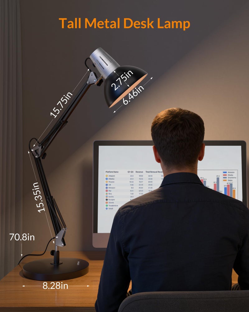 LEPOWER Metal Desk Lamp, Adjustable Goose Neck Architect Table Lamp with On/Off Switch, Swing Arm Desk Lamp with Clamp, Eye-Caring Reading Lamp for Bedroom, Study Room &Office (Black) - Image 2