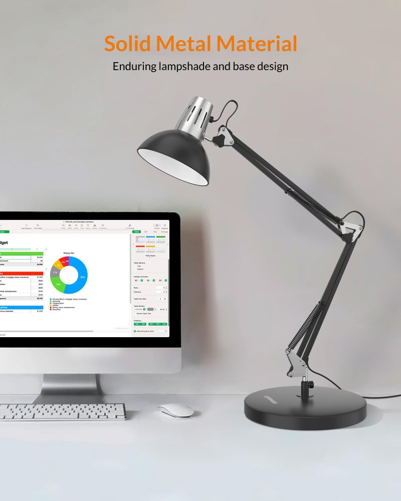 LEPOWER Metal Desk Lamp, Adjustable Goose Neck Architect Table Lamp with On/Off Switch, Swing Arm Desk Lamp with Clamp, Eye-Caring Reading Lamp for Bedroom, Study Room &Office (Black) - Image 3