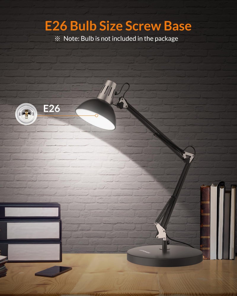 LEPOWER Metal Desk Lamp, Adjustable Goose Neck Architect Table Lamp with On/Off Switch, Swing Arm Desk Lamp with Clamp, Eye-Caring Reading Lamp for Bedroom, Study Room &Office (Black) - Image 5