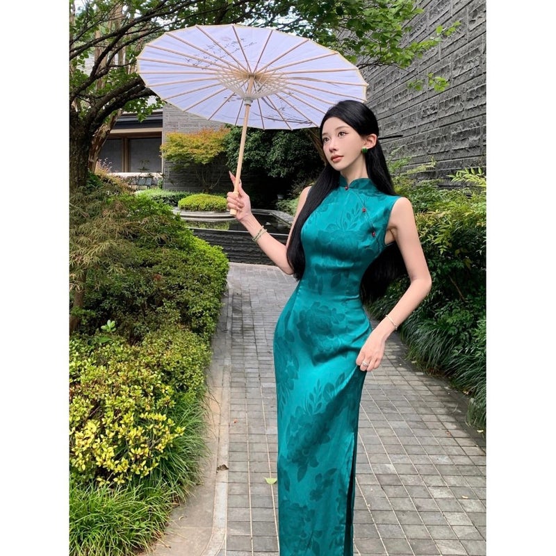 Peacock Blue Green White New Chinese-Style Hong Kong Workers Jacquard Satin Cheongsam National Style Vertical Collar Buckle Slim-Fit Slimming Dress - Image 2