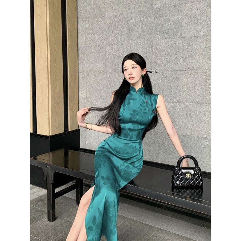 Peacock Blue Green White New Chinese-Style Hong Kong Workers Jacquard Satin Cheongsam National Style Vertical Collar Buckle Slim-Fit Slimming Dress - Image 5