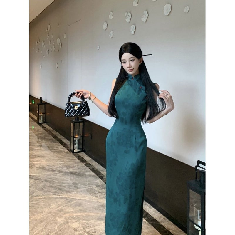 Peacock Blue Green White New Chinese-Style Hong Kong Workers Jacquard Satin Cheongsam National Style Vertical Collar Buckle Slim-Fit Slimming Dress - Image 3