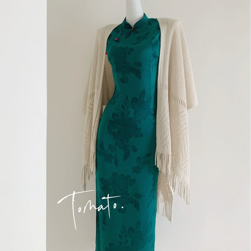 Peacock Blue Green White New Chinese-Style Hong Kong Workers Jacquard Satin Cheongsam National Style Vertical Collar Buckle Slim-Fit Slimming Dress - Image 1