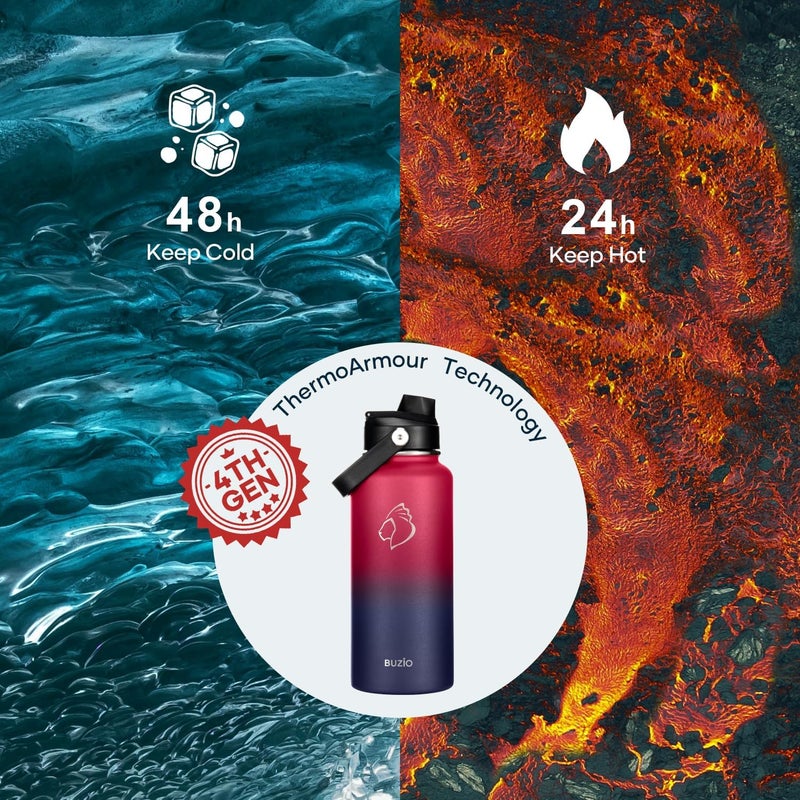 بوزيو زجاجة ماء 32 أونصة معزولة، قارورة ماء فولاذ مقاوم للصدأ ثلاثية الجدران مع غطاء شفاط، خالية من BPA ومانعة للتسرب للرياضات والمشي، باردة 48 ساعة وساخنة 24 ��اعة - روبي ريد نافي - Image 2