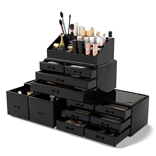Readaeer Makeup Cosmetic Organizer Storage Drawers Display Boxes Case with 12 Drawers Black