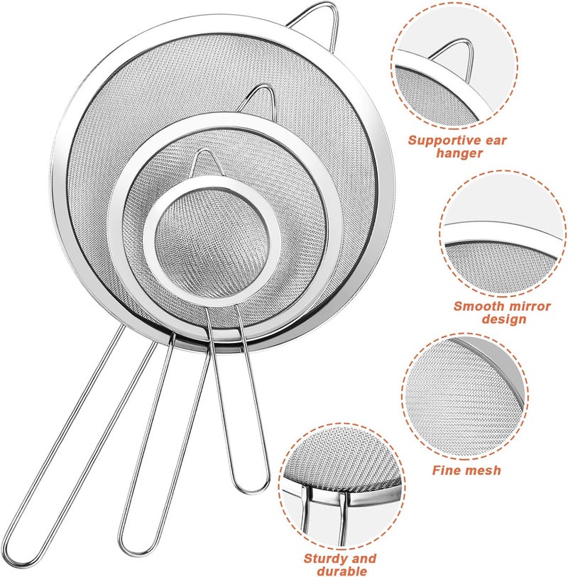 YLYL 3 Pcs Super Wire Extra Fine Mesh Strainer with Handle, Small Medium Large Size Sifter Metal Strainer Set, Stainless Steel Sieve Fine Mesh Strainers for Kitchen Rice Juice Quinoa Food Flour Baking - Image 3