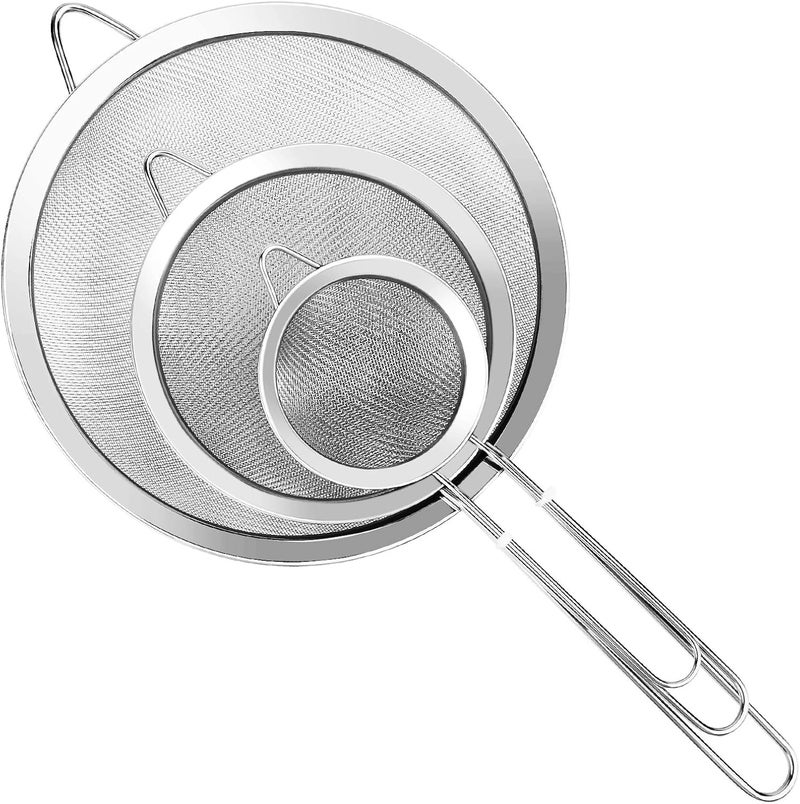 YLYL 3 Pcs Super Wire Extra Fine Mesh Strainer with Handle, Small Medium Large Size Sifter Metal Strainer Set, Stainless Steel Sieve Fine Mesh Strainers for Kitchen Rice Juice Quinoa Food Flour Baking - Image 1
