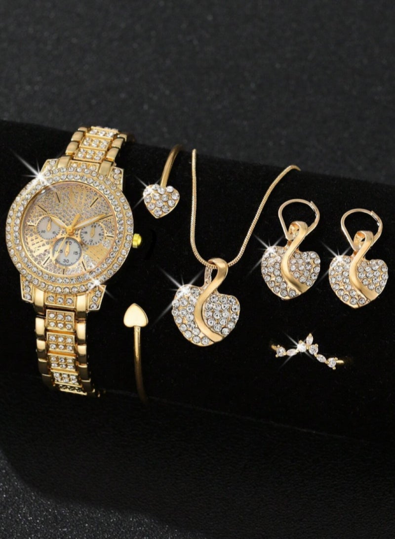 6 Piece Set Luxury Gold Quartz Women Watch with Bracelet Necklace Ring Earrings Set Lovely Heart Design Suitable for Occasions and Daily Wear - Image 1