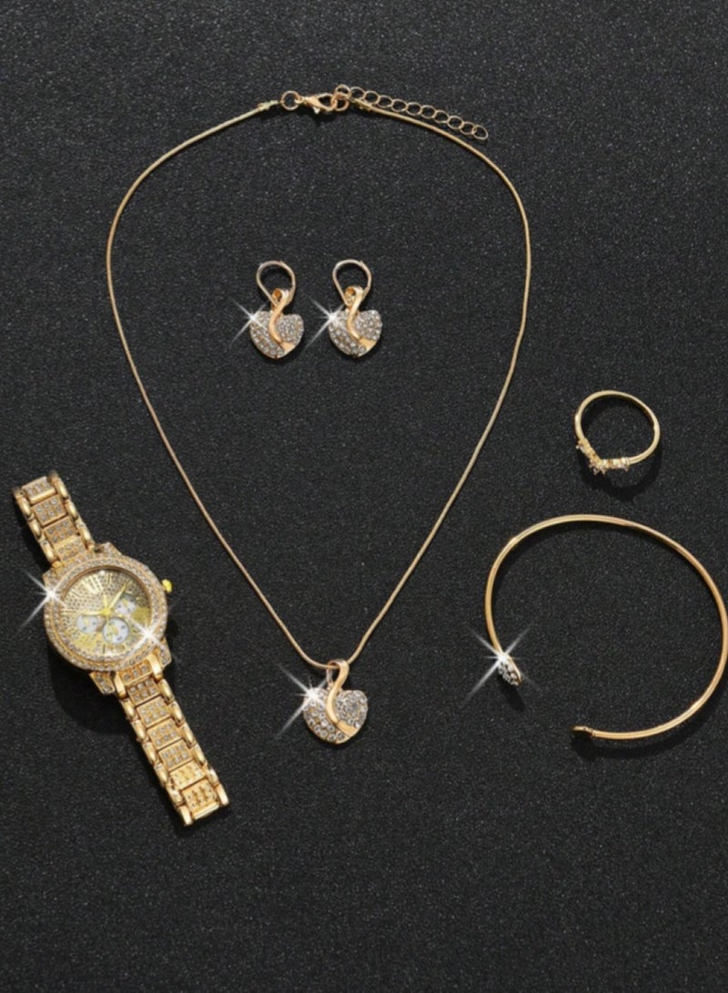 6 Piece Set Luxury Gold Quartz Women Watch with Bracelet Necklace Ring Earrings Set Lovely Heart Design Suitable for Occasions and Daily Wear - Image 3