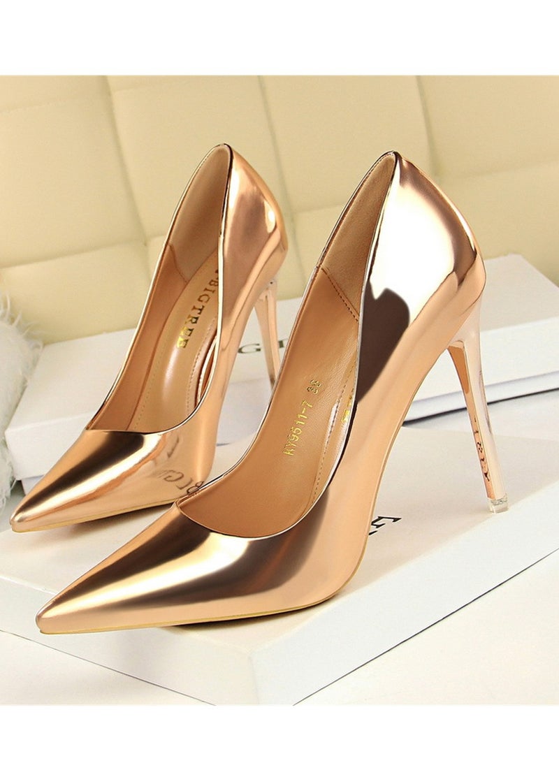 BIGTREE 10.5CM Fashion Simple Slim Heels With Bright Surface Patent Leather Shallow Mouth Pointed Head Slim Women's Heels Nave Gold - Image 1
