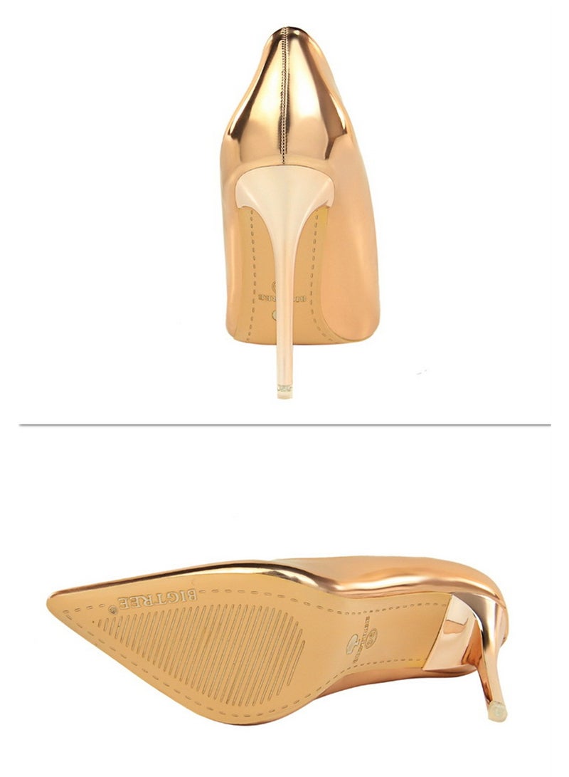 BIGTREE 10.5CM Fashion Simple Slim Heels With Bright Surface Patent Leather Shallow Mouth Pointed Head Slim Women's Heels Nave Gold - Image 3