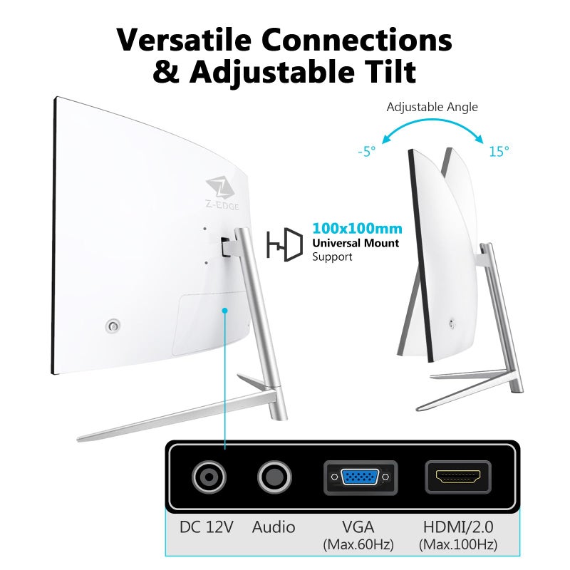 Z Z-Edge شاشة الألعاب المنحنية Z-Edge بحجم 27 بوصة، دقة Full HD 1080P 1920x1080 مع إضاءة خلفية LED، بمعدل تحديث 100Hz وتقنية العناية بالعين، وزاوية عرض واسعة 178 درجة، VGA+HDMI - Image 5