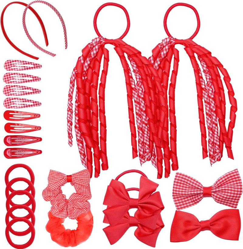 Basic Sense Gingham Girl Hair Accessories Set 23 Pieces Hair Ties Pins Scrunchies Ribbon Ponytail Holder Summer School Check Uniform Red