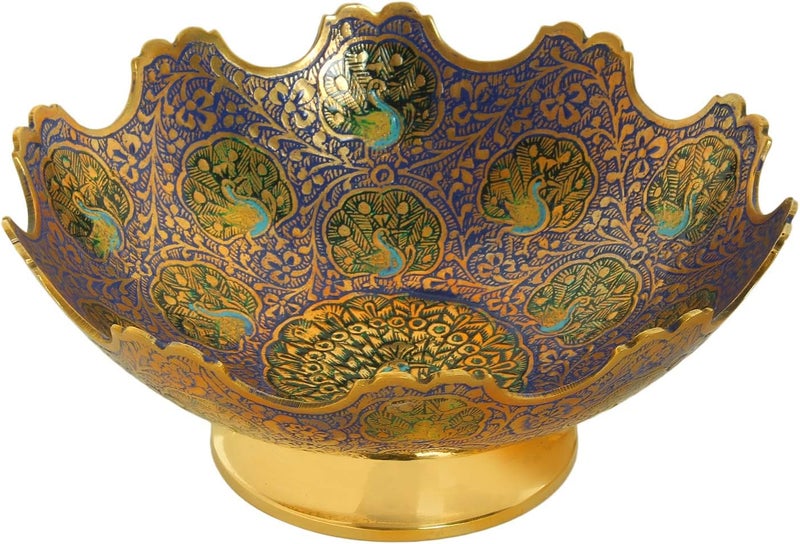 Zap Impex Brass Decorative Dry Fruit Bowl Multipurpose Serving Bowl carving Work  Size 7 Beautiful Blue Color Peacock design Kitchenware Gift - Image 1