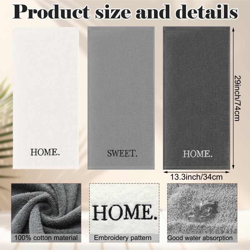 FuWeave 3 Pcs Farmhouse Decorative Hand Towels for Bathroom and Kitchen Rustic Embroidered Cotton Hand Towels Decorative Set for Boho Bathroom Decor(Gray,Home Sweet Home) - Image 2