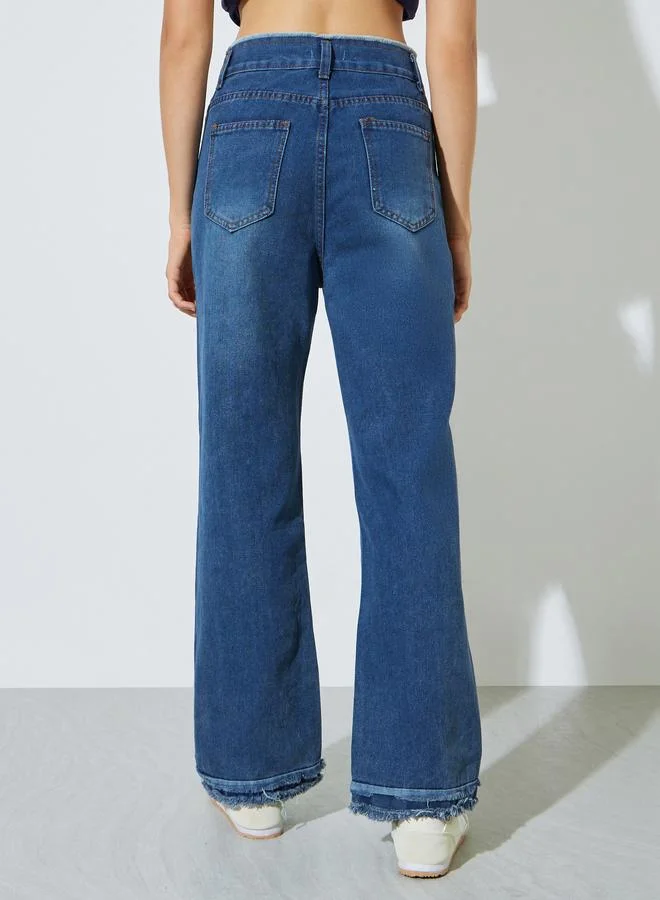 Styli Blue Blue Wide Leg Jeans with Frayed Raw-Edge for Women | Best Price UAE