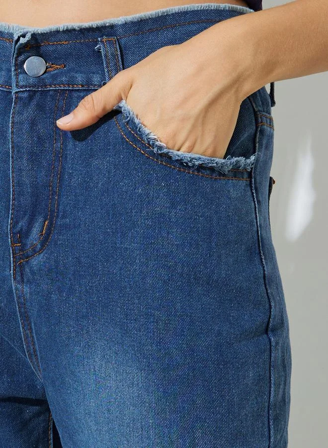 Styli Blue Blue Wide Leg Jeans with Frayed Raw-Edge for Women | Best Price UAE