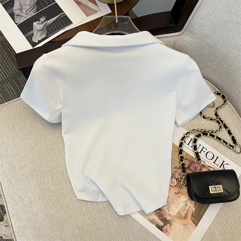 Korean Style Slim Waist Solid Color Polo Tee White  - Image 1