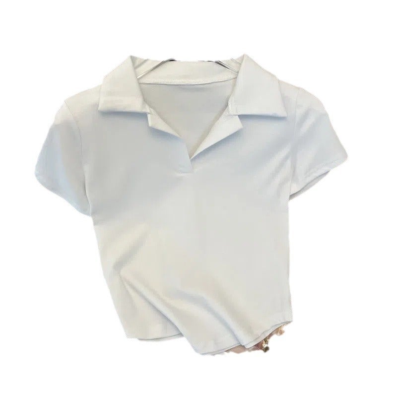 Korean Style Slim Waist Solid Color Polo Tee White  - Image 2