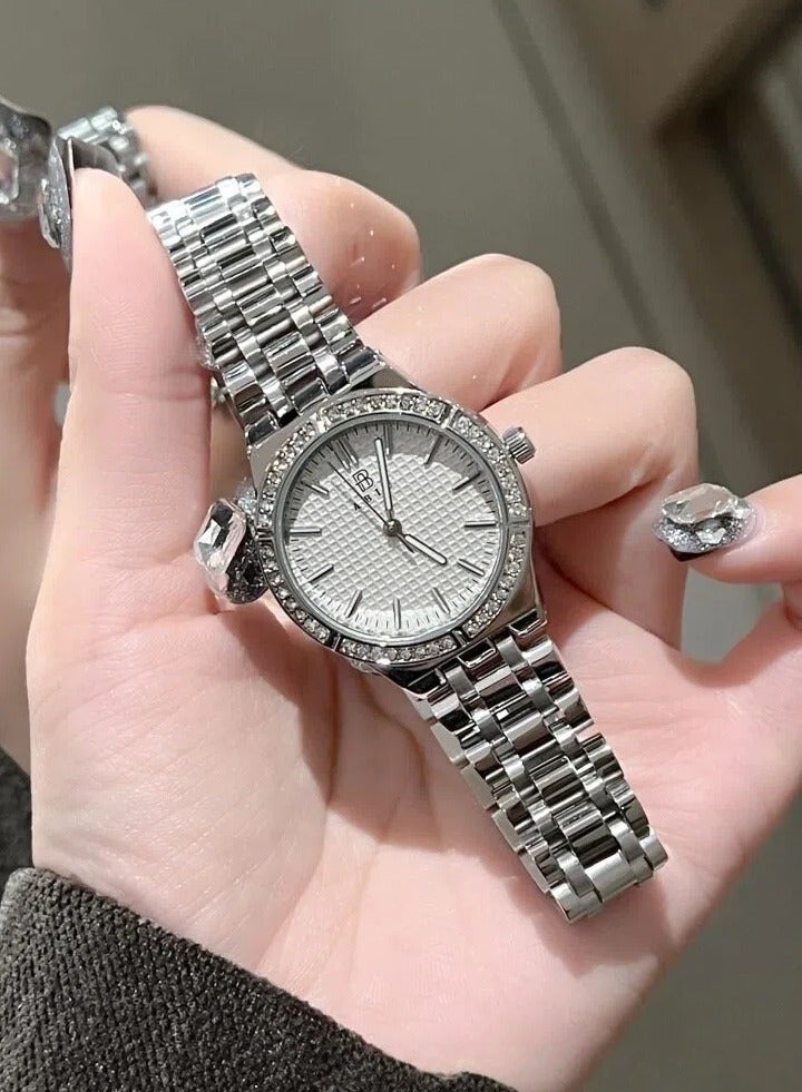 ABIU Women's Silver Crystal Bezel Watch - Polished Metal Strap with White Dial | Luxury Glamour Wristwatch - Image 1