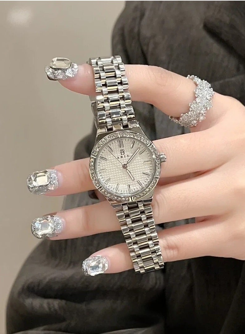 ABIU Women's Silver Crystal Bezel Watch - Polished Metal Strap with White Dial | Luxury Glamour Wristwatch - Image 2