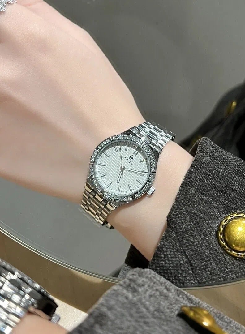 ABIU Women's Silver Crystal Bezel Watch - Polished Metal Strap with White Dial | Luxury Glamour Wristwatch - Image 3