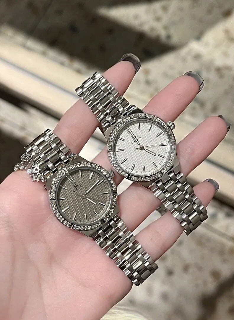 ABIU Women's Silver Crystal Bezel Watch - Polished Metal Strap with White Dial | Luxury Glamour Wristwatch - Image 4