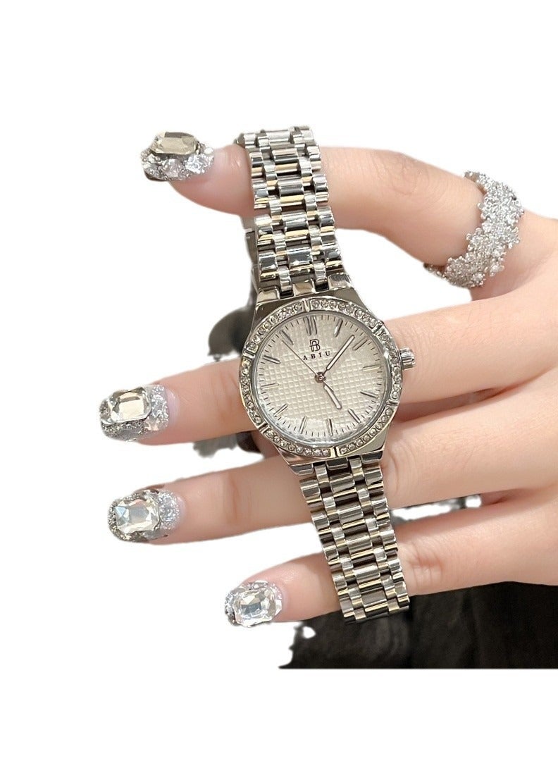 ABIU Women's Silver Crystal Bezel Watch - Polished Metal Strap with White Dial | Luxury Glamour Wristwatch - Image 5