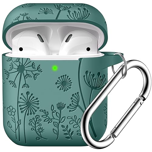 Lerobo Flower Engraved Cover for AirPods Case, Stylish Soft Silicone Protector with Keychain Compatible with Apple AirPod 1st/2nd Generation Charging Case, Front LED Visible, Pine Green - Image 1