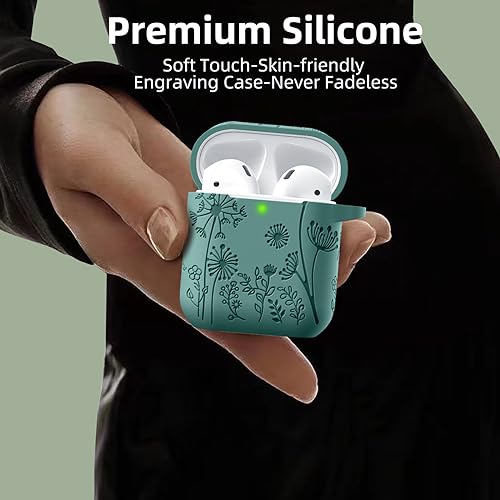 Lerobo Flower Engraved Cover for AirPods Case, Stylish Soft Silicone Protector with Keychain Compatible with Apple AirPod 1st/2nd Generation Charging Case, Front LED Visible, Pine Green - Image 4