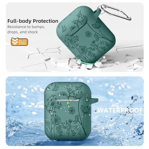 Lerobo Flower Engraved Cover for AirPods Case, Stylish Soft Silicone Protector with Keychain Compatible with Apple AirPod 1st/2nd Generation Charging Case, Front LED Visible, Pine Green - Image 3