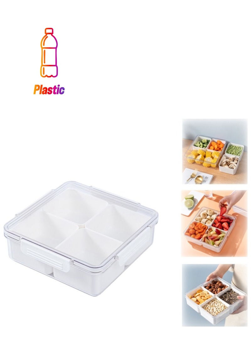 Y&D Divided Veggie Tray with Lid, Stackable Vegetable Storage Square Appetizer Relish, Serving Platter 4 Compartment Snack Containers for Food Fruit Small Refrigerator Organizer Bins Produce Saver  - Image 1