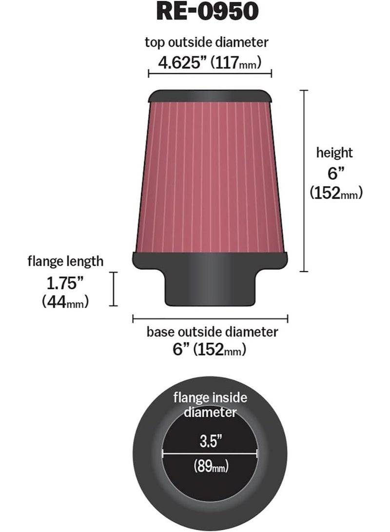 K&N K&N High-Flow Original Lifetime Universal Clamp-On Air Filter: High Performance, Premium, Washable: Flange Diameter: 3.5 In, Filter Height: 6 In, Flange Length: 1.75 In, Shape: Round Tapered, RE-0950 - Image 5