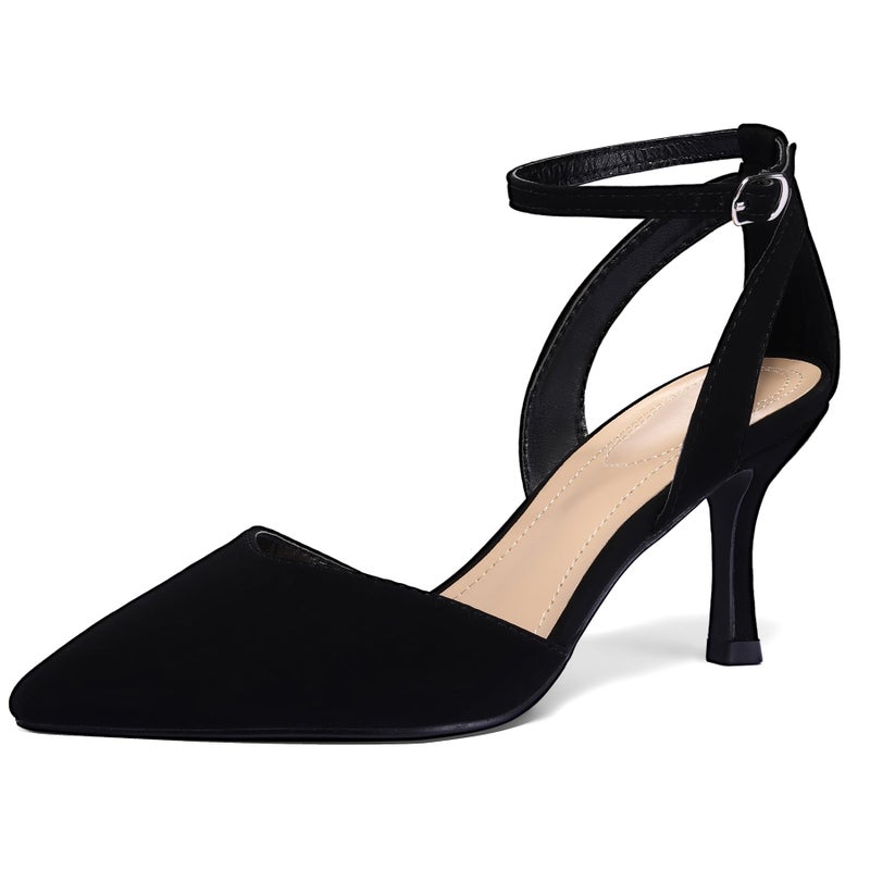 mysoft Women's Pumps Shoes Pointed Toe Kitten Low Heels Stiletto Ankle Strap Closed Toe Wedding Party Dress Sandals Black Nubuck - Image 1