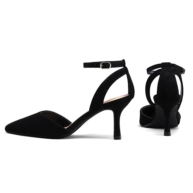 mysoft Women's Pumps Shoes Pointed Toe Kitten Low Heels Stiletto Ankle Strap Closed Toe Wedding Party Dress Sandals Black Nubuck - Image 3