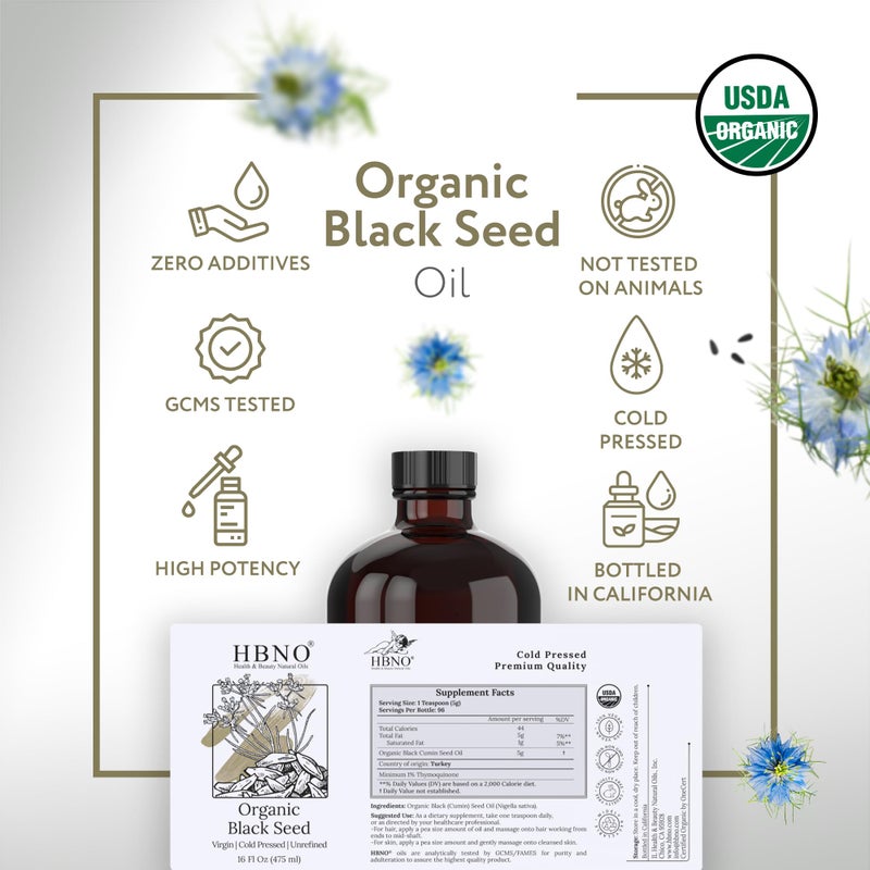 HBNO Organic Black Seed Oil - Huge 16 oz (475ml) Glass Bottle Value Size - USDA Certified Organic Black Seed Oil, Cold Pressed for Face, Body, Lips, Shampoo & Conditioner - Image 4