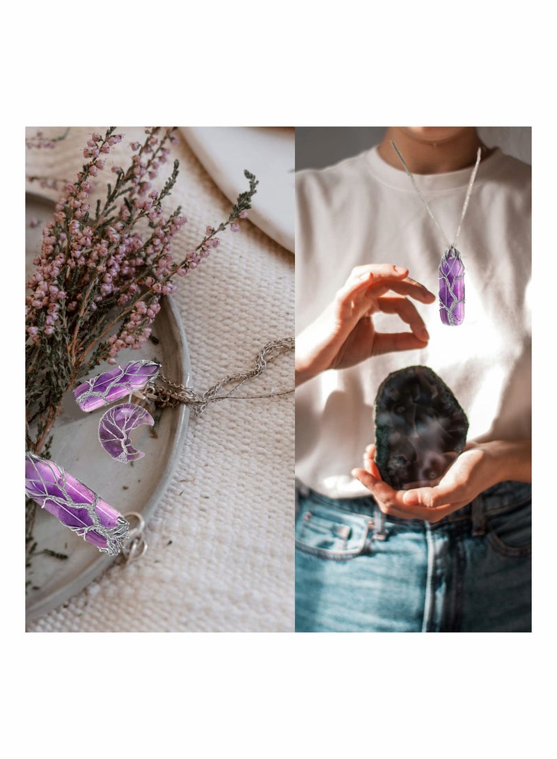 Excefore Amethyst Healing Crystal Stone Necklace Silver Wire Wrapped Crescent Moon Pendant Crystal Necklaces for Women Amethyst Jewellery Natural Quartz Crystal Reiki Gemstone Necklace Valentines Gift - Image 3