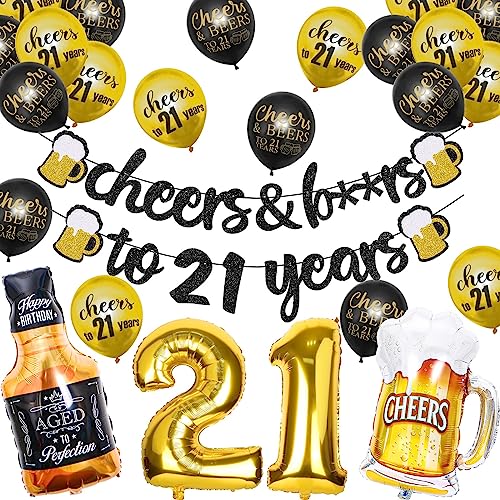 Joymee 21st Birthday Decorations for Women Men Happy Birthday Decorations for Boys Girls Black and Gold Banner Decorations for Her Him 21 years Wedding Anniversary Party Supplies - Image 1