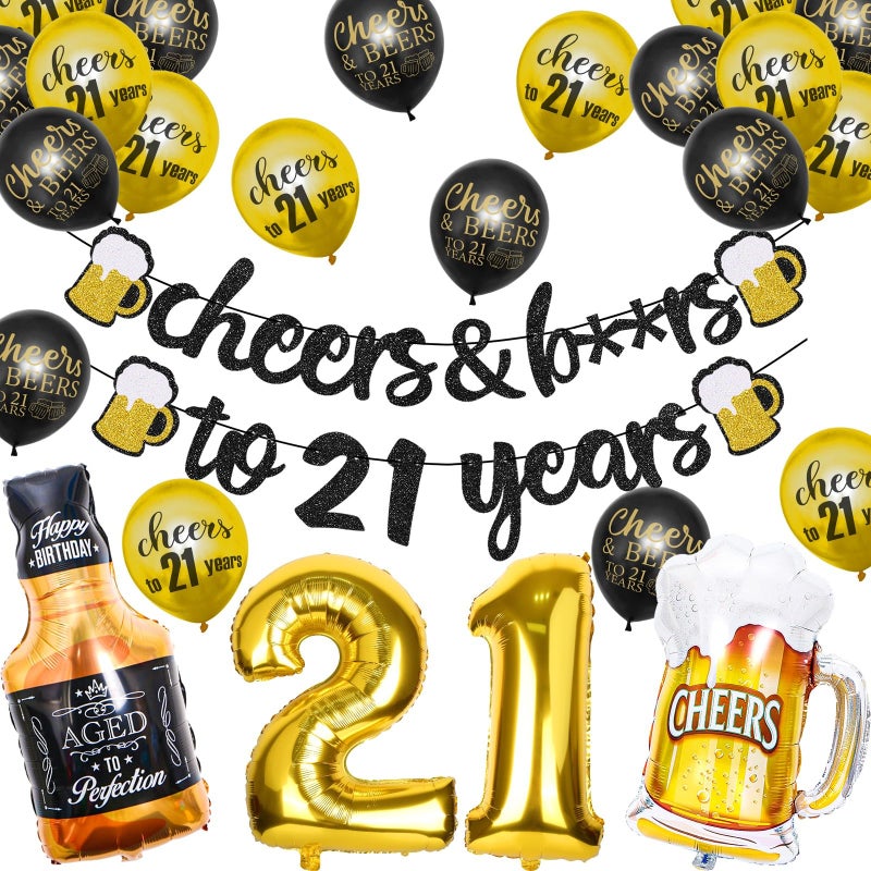 Joymee 21st Birthday Decorations for Women Men Happy Birthday Decorations for Boys Girls Black and Gold Banner Decorations for Her Him 21 years Wedding Anniversary Party Supplies - Image 3