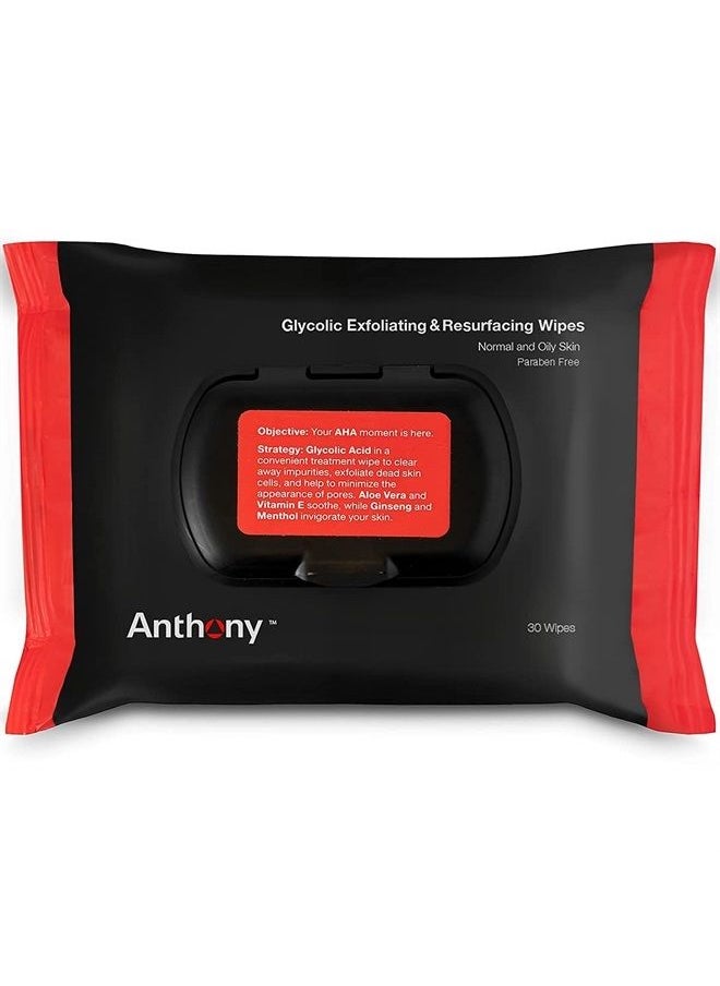 Anthony - Glycolic Exfoliating & Resurfacing Wipes – Men's Cleansing Face Cloths to Clean and Brighten Complexion – Gentle Pore Refining for Normal, Oily or Sensitive Skin – 30 Sheets per Bag - Image 1
