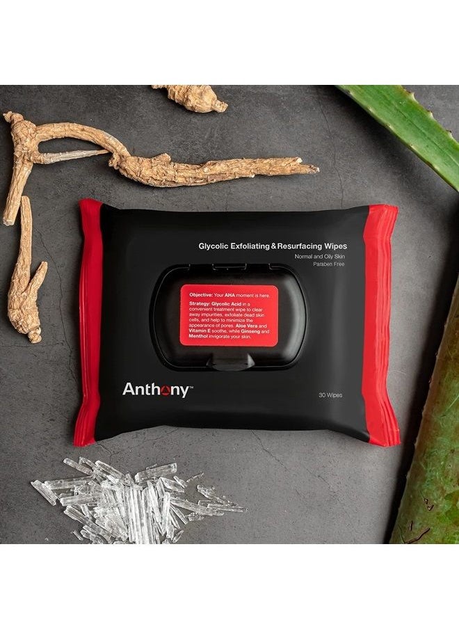 Anthony - Glycolic Exfoliating & Resurfacing Wipes – Men's Cleansing Face Cloths to Clean and Brighten Complexion – Gentle Pore Refining for Normal, Oily or Sensitive Skin – 30 Sheets per Bag - Image 1