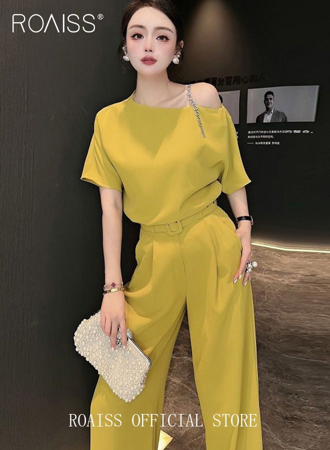 roaiss Round Neck Women Casual Suit Long Sleeved Shirt and Loose Fitting Trousers Chain Shoulder Strap Decoration Comfortable and Skin Friendly Fabric Candy Color Matching with Belt for Daily Commuting Wear  - Image 5