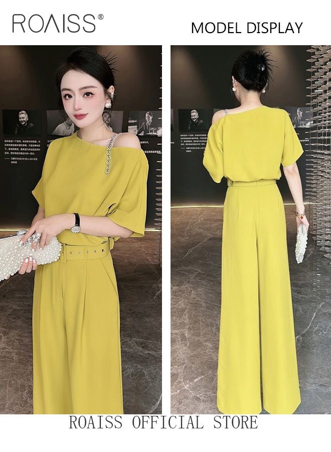 roaiss Round Neck Women Casual Suit Long Sleeved Shirt and Loose Fitting Trousers Chain Shoulder Strap Decoration Comfortable and Skin Friendly Fabric Candy Color Matching with Belt for Daily Commuting Wear  - Image 3