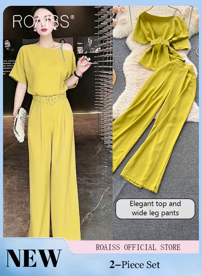 roaiss Round Neck Women Casual Suit Long Sleeved Shirt and Loose Fitting Trousers Chain Shoulder Strap Decoration Comfortable and Skin Friendly Fabric Candy Color Matching with Belt for Daily Commuting Wear  - Image 2