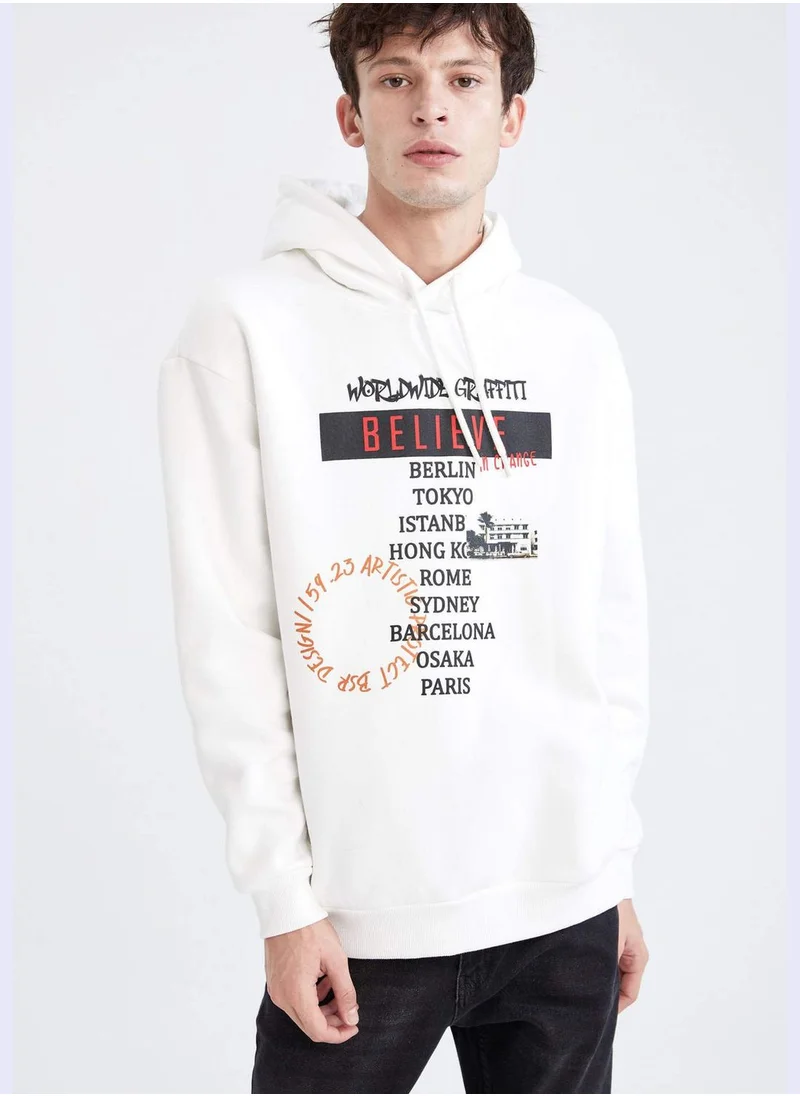 DeFacto Oversize Fit Long Sleeve Slogan Print Knitted Hoodie