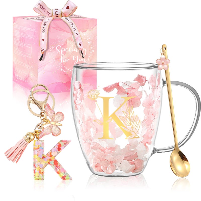 BigNoseDeer Personalized Gifts for Women Double Wall Flower Glass Coffee Mug Tea cup With Spoon Monogrammed Customized Gifts Birthday Christmas Valentine Mother's Day Gift for Mom Her Wife Friends Bride Sister(K) - Image 1
