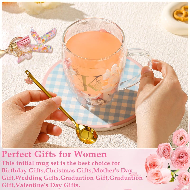BigNoseDeer Personalized Gifts for Women Double Wall Flower Glass Coffee Mug Tea cup With Spoon Monogrammed Customized Gifts Birthday Christmas Valentine Mother's Day Gift for Mom Her Wife Friends Bride Sister(K) - Image 2