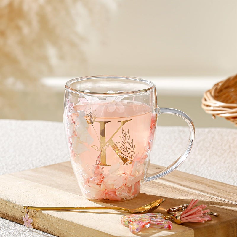 BigNoseDeer Personalized Gifts for Women Double Wall Flower Glass Coffee Mug Tea cup With Spoon Monogrammed Customized Gifts Birthday Christmas Valentine Mother's Day Gift for Mom Her Wife Friends Bride Sister(K) - Image 5